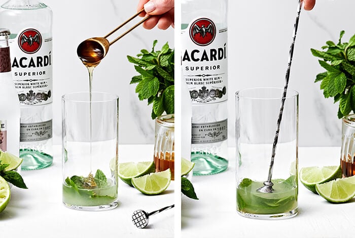 Adding the mint leaves, lime juice, and honey to a glass.