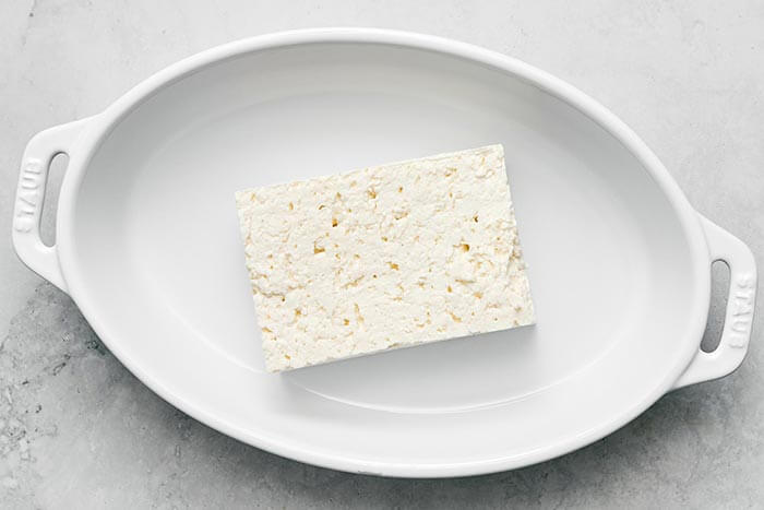 Baking dish with feta cheese.