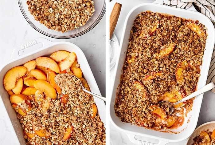 Baked peach crisp in a white casserole pan.