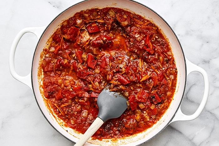 Cooked tomato sauce in a pan.