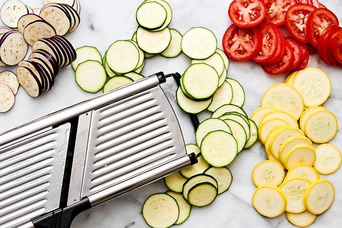 Sliced vegetables with a mandoline.