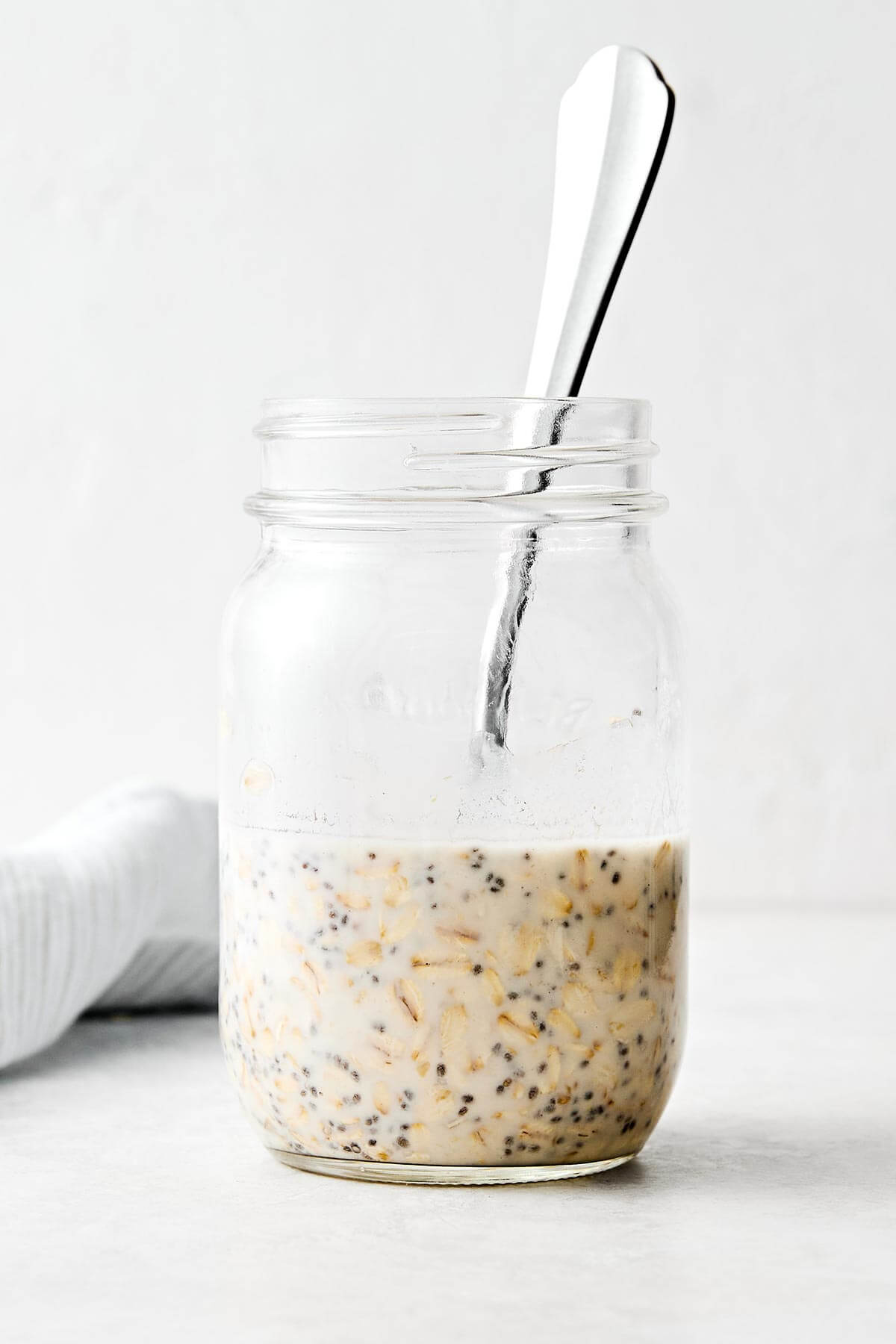 Mixed overnight oats in a jar.
