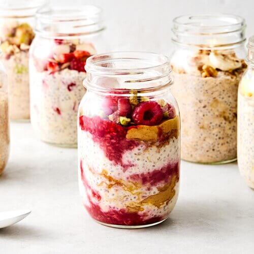 Overnight oats in glass jars.