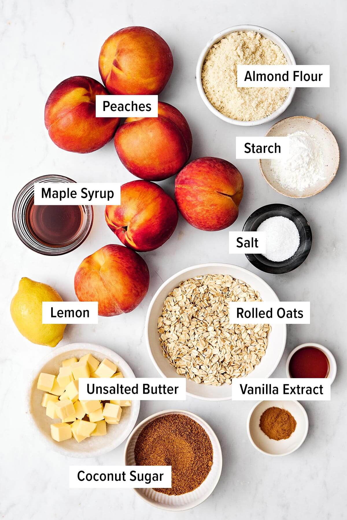 This peach crisp dessert with a crumble oatmeal topping is the best way to celebrate summer peach season! Plus, it's completely gluten-free. Ingredients for peach crisp.