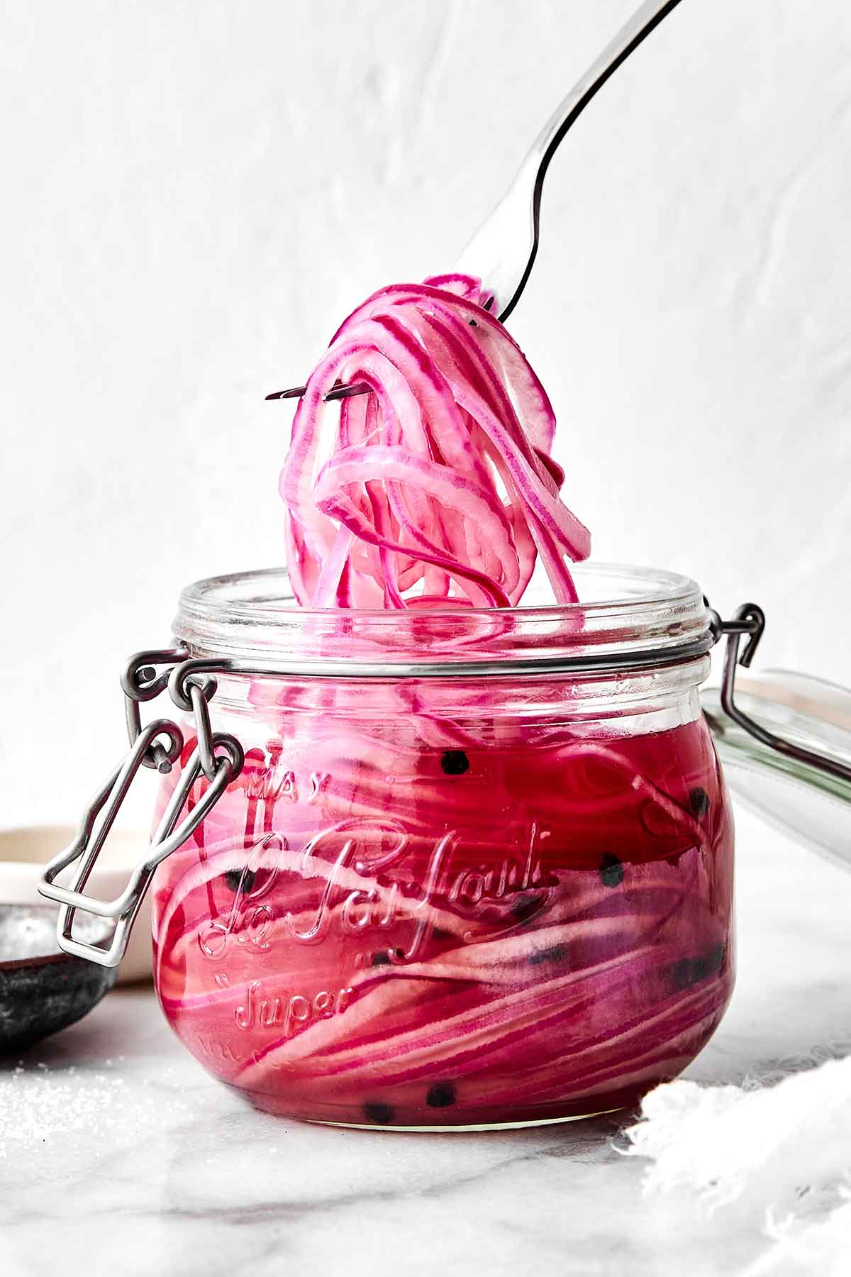 Quick pickled red onions in a jar. 