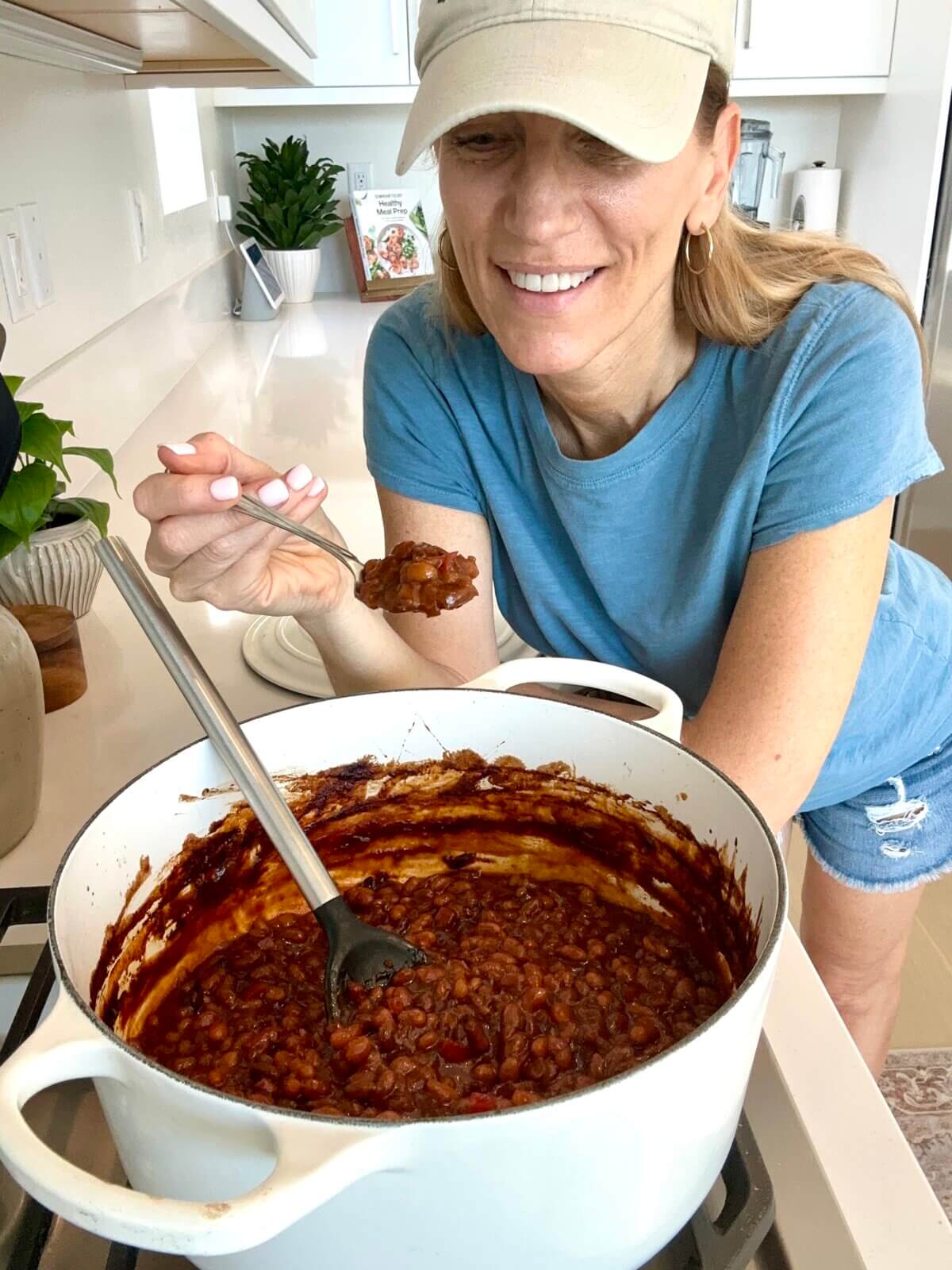 Lisa recipe testing the baked beans.