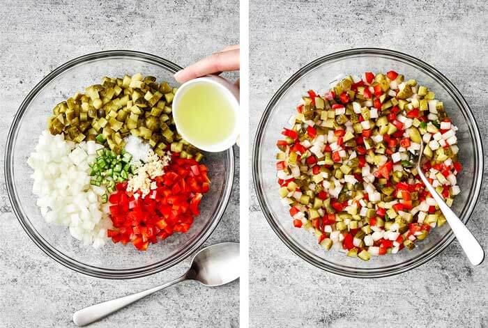 Mixing pickle de gallo in a bowl.
