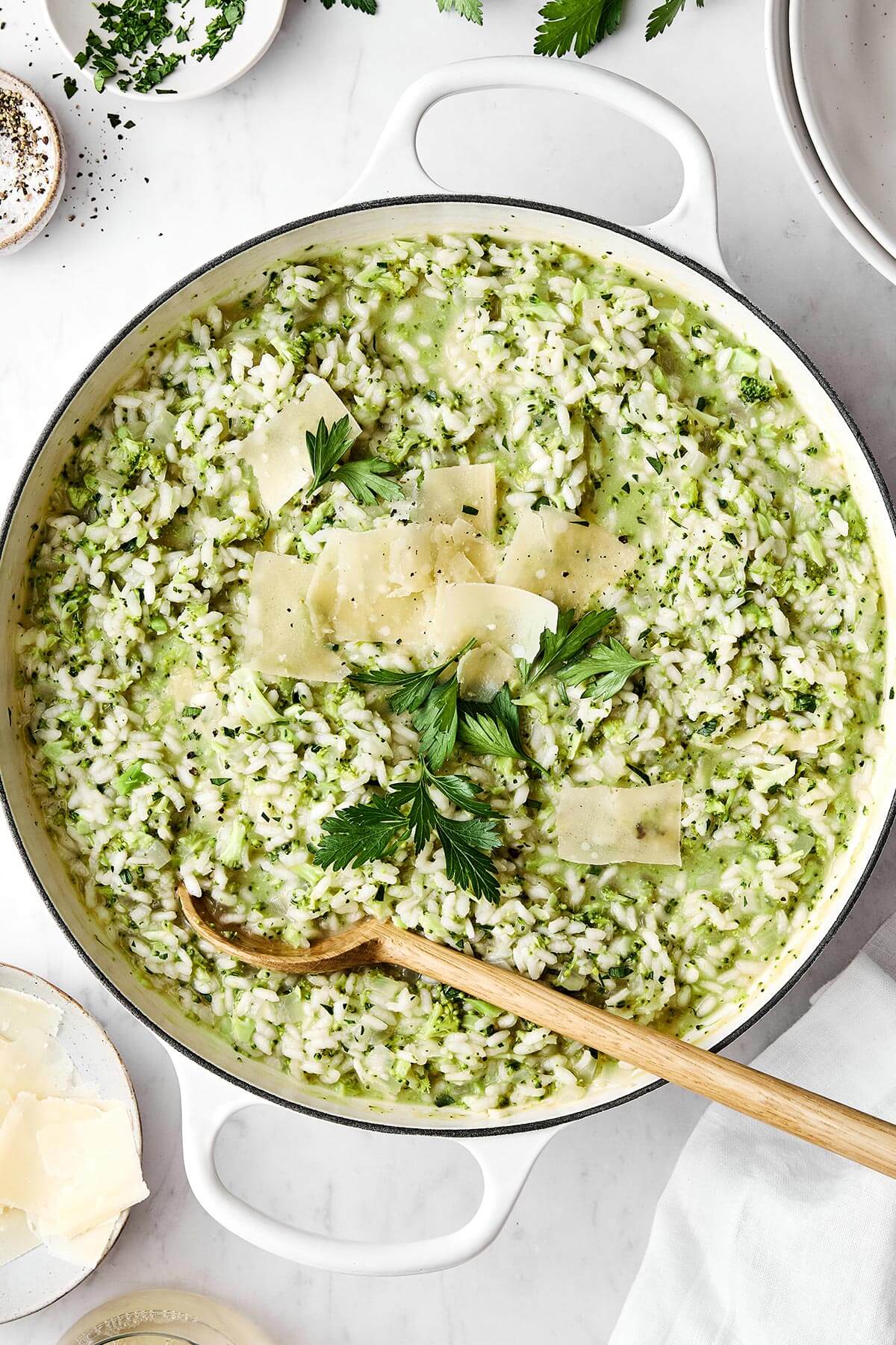A pot of broccoli parmesan risotto.