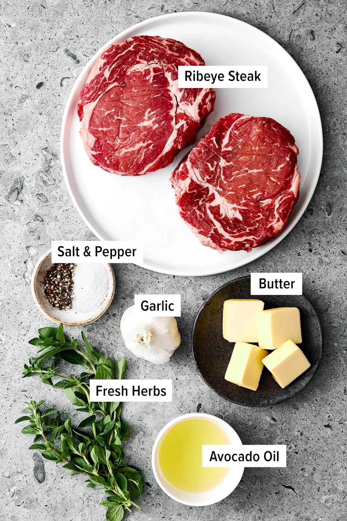 Ingredients for seared ribeye steak.