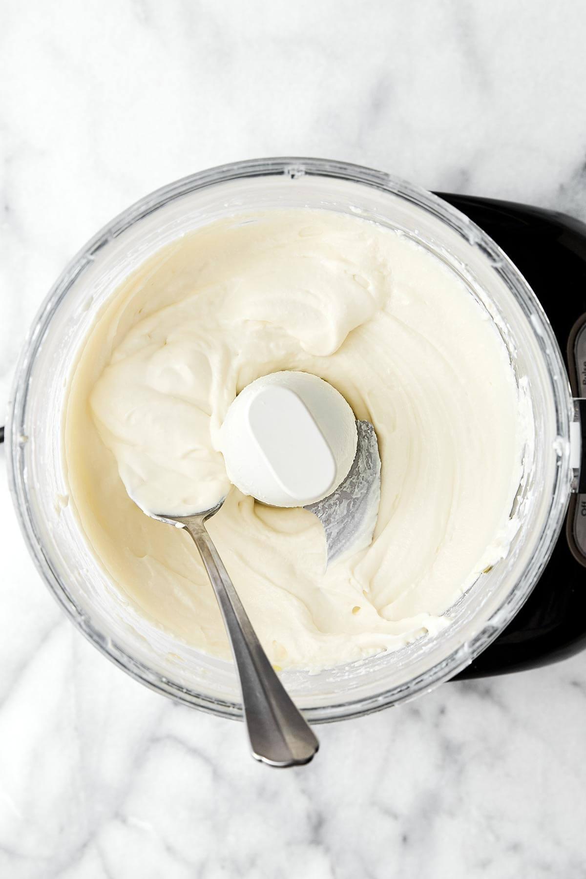 Whipped feta in a food processor.