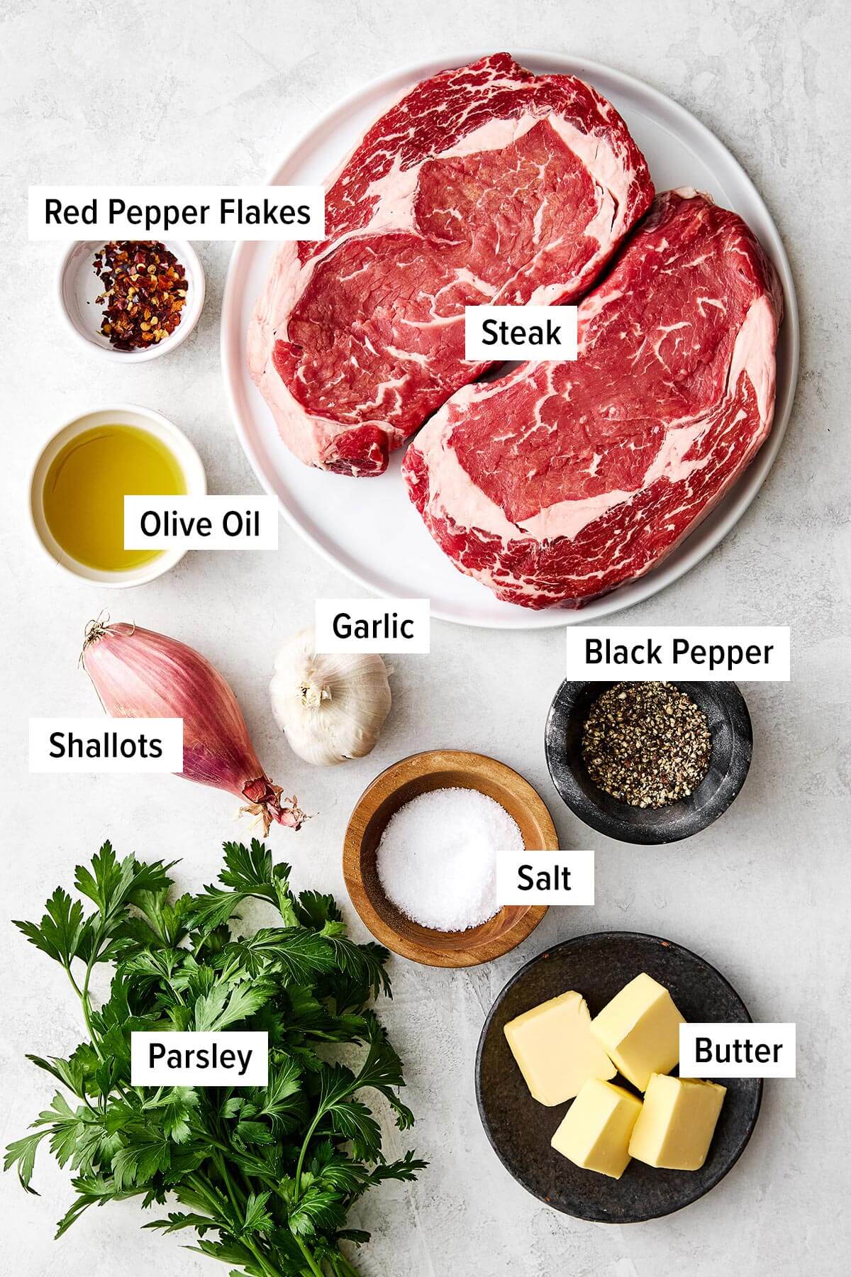 Ingredients for garlic butter steak bites.