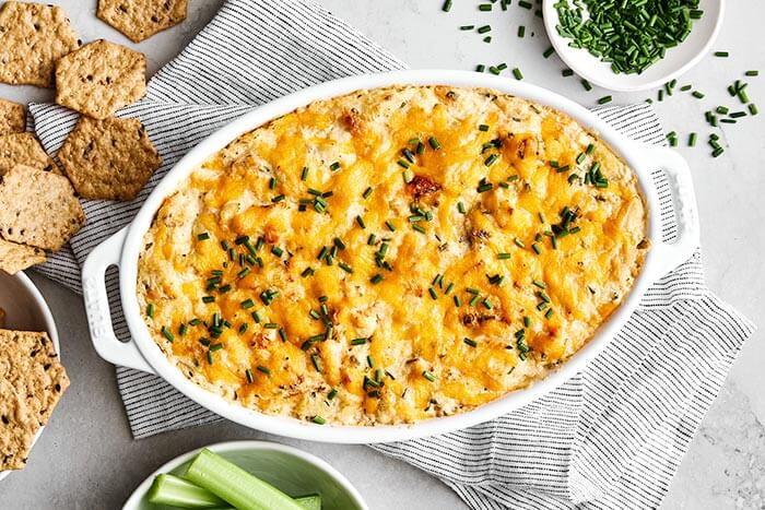 A baking dish of crab dip.