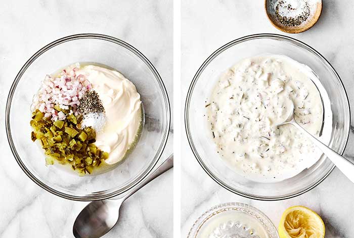 Mixing tartar sauce in a bowl.