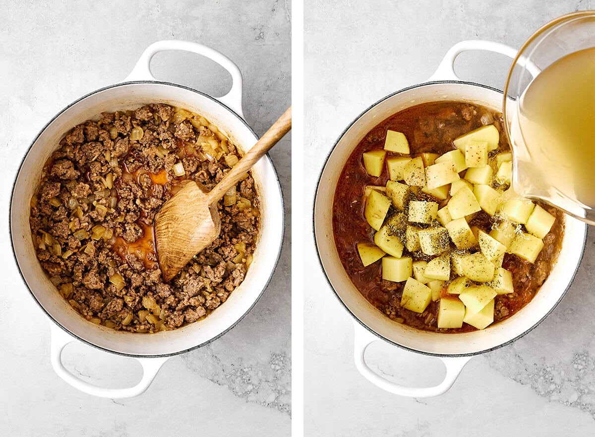Cooking sausage and potatoes in a pot.