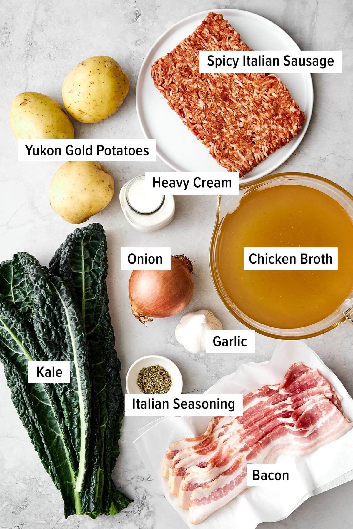 Ingredients for Zuppa Toscana soup.