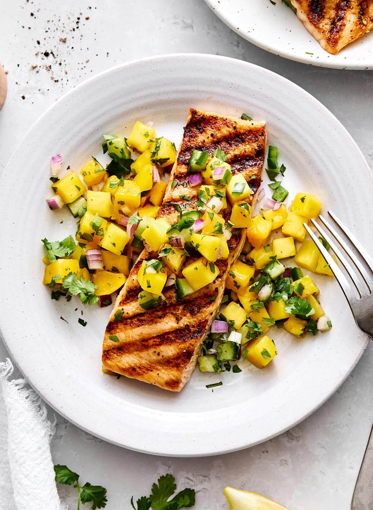 Mango salsa on grilled salmon.