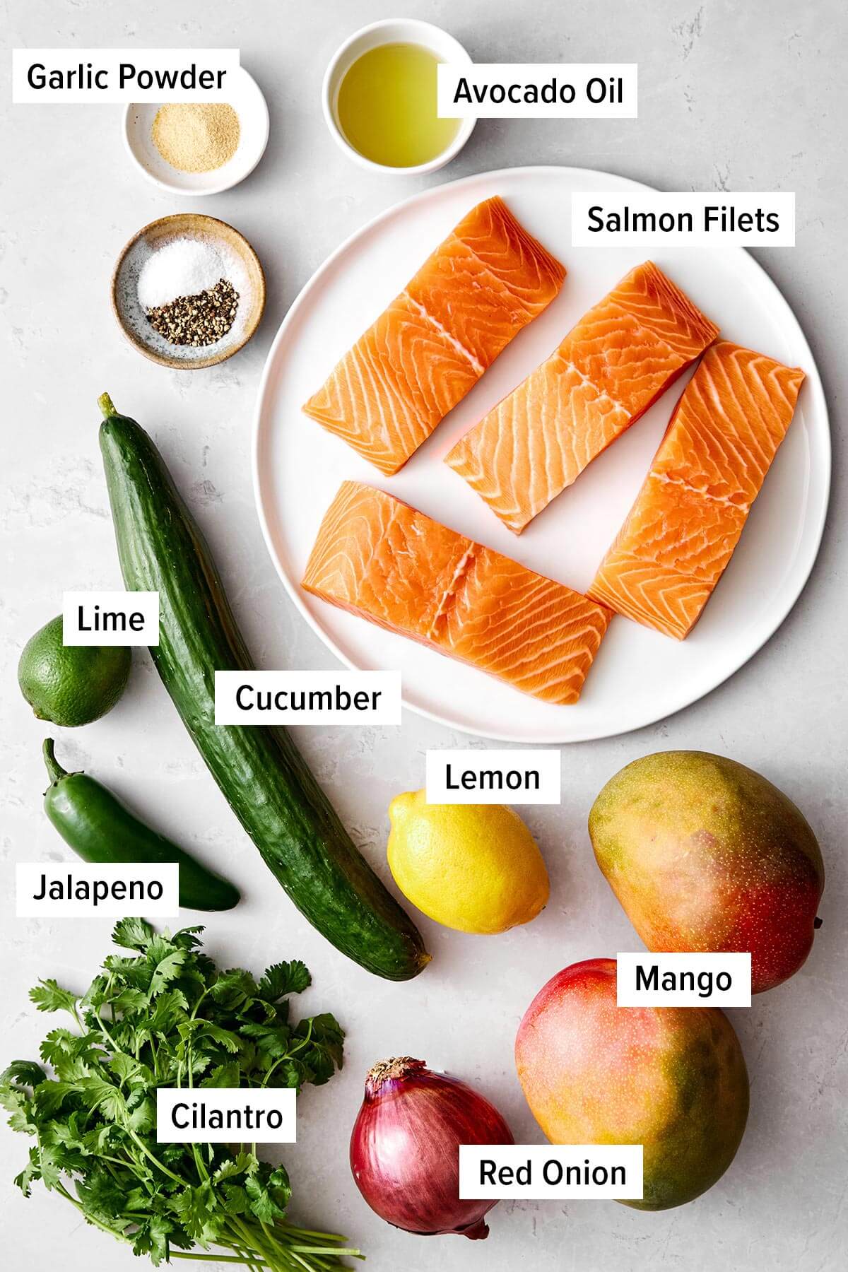 Ingredients for grilled salmon with mango salsa.