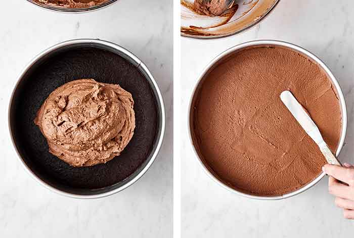 Adding mint chocolate mousse on cake.