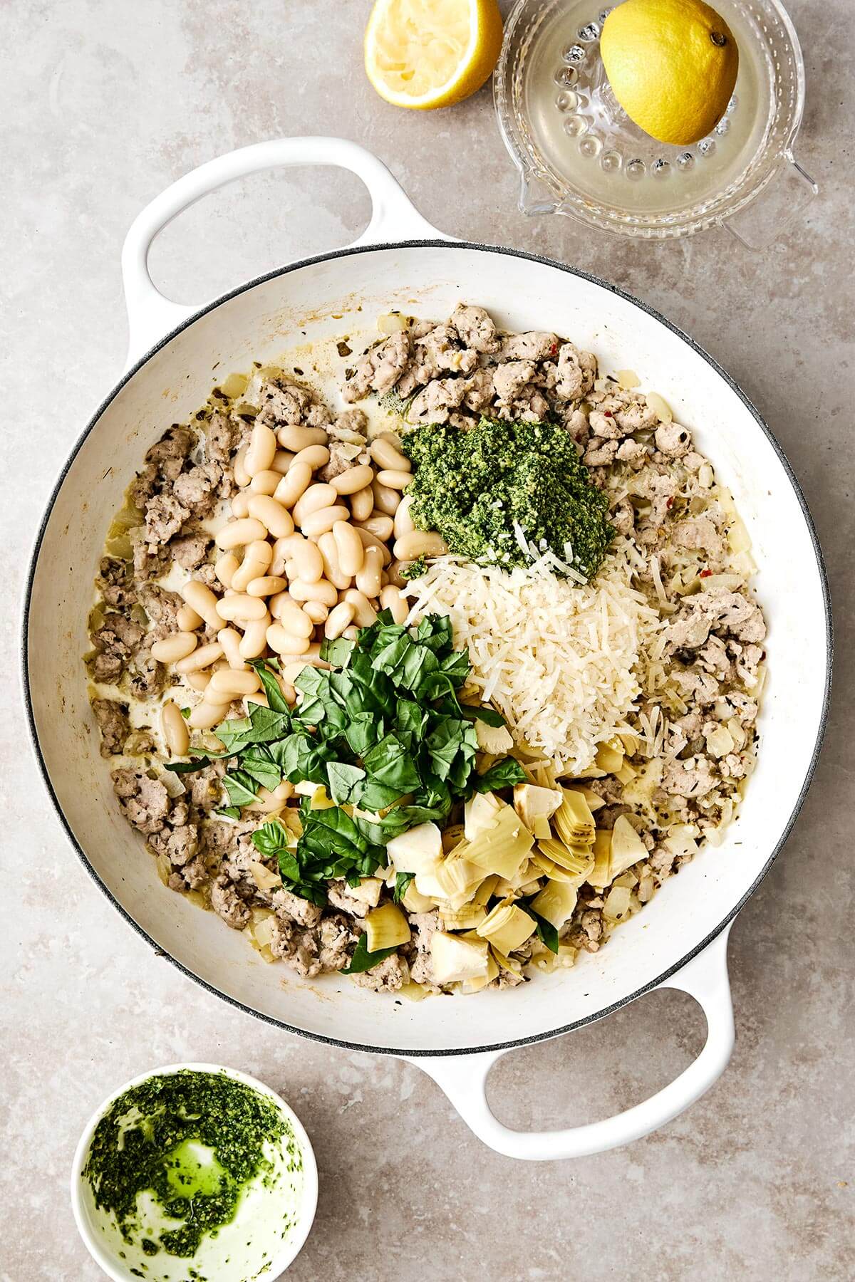 Pesto ground turkey skillet in pan.
