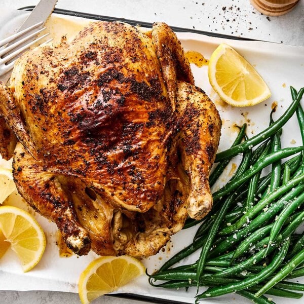 A dish with an air fryer whole chicken.