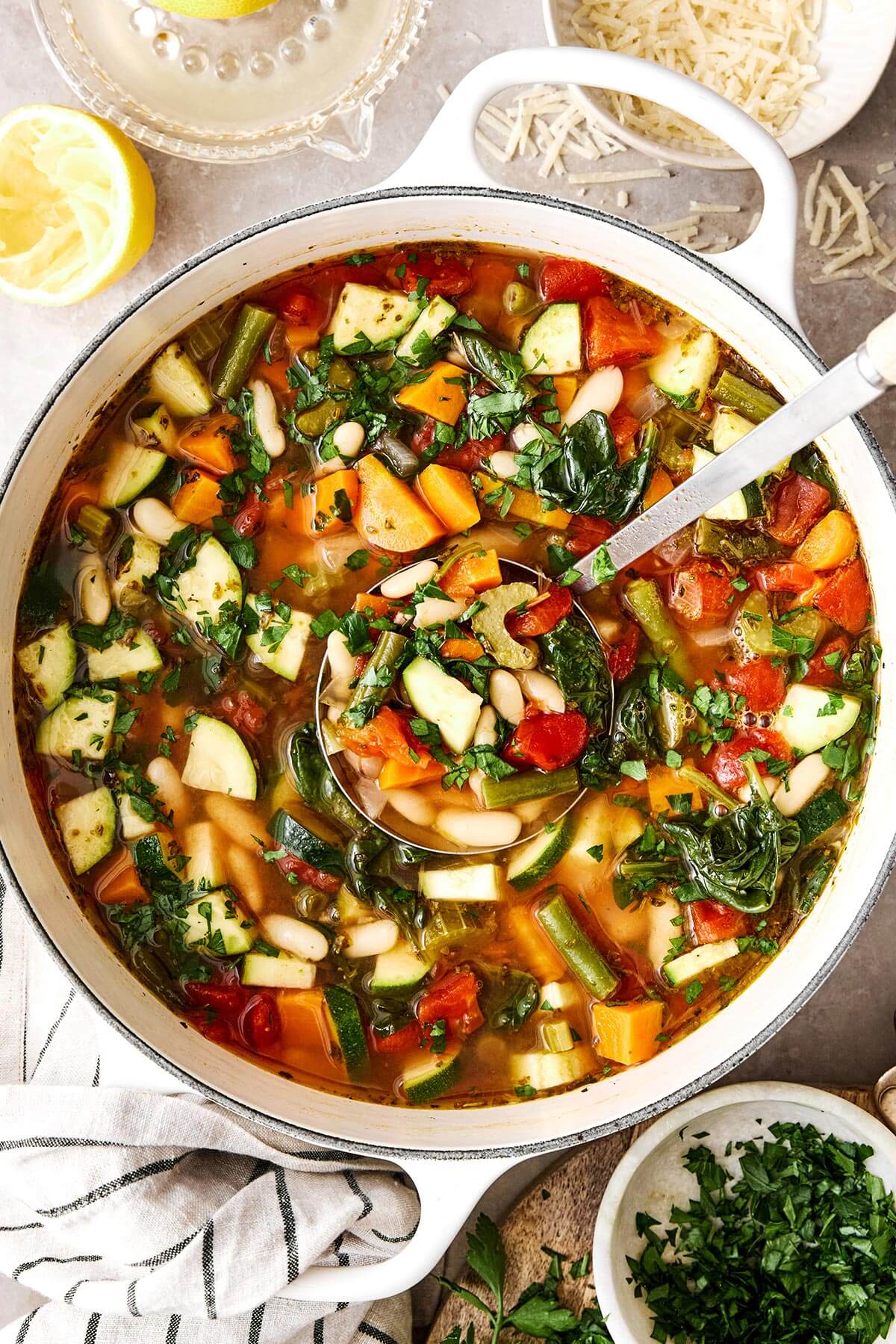 A pot of minestrone soup.