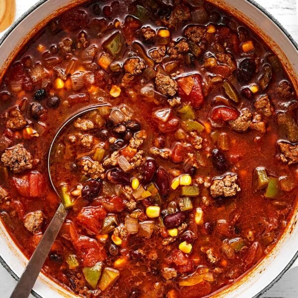 A pot of taco soup with ground beef.