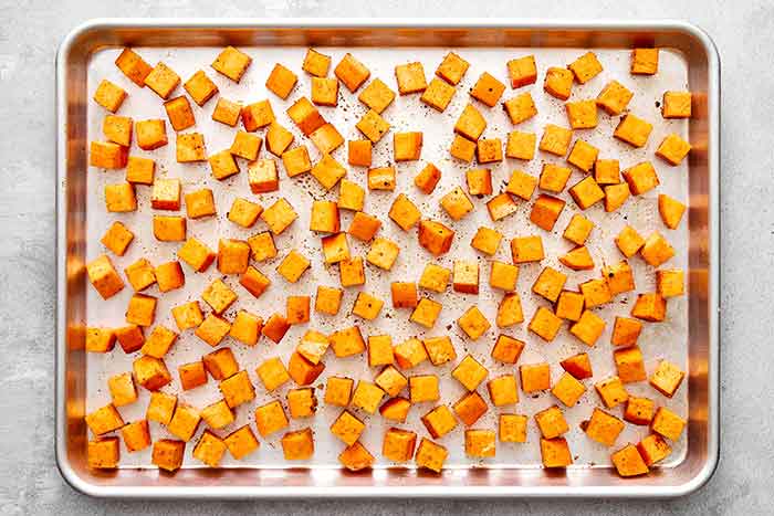 Roasted sweet potatoes for a fall salad.
