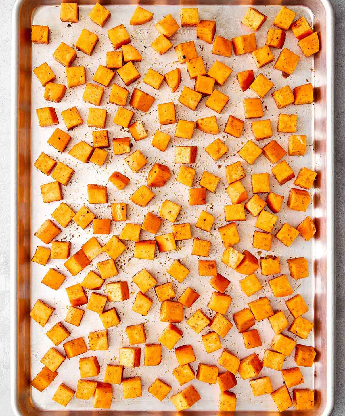 Step two of making a sweet potato salad: roasting the sweet potatoes.