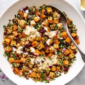 Sweet potato salad recipe for fall and holiday dinners.