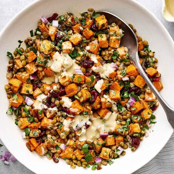 Sweet potato salad recipe for fall and holiday dinners.