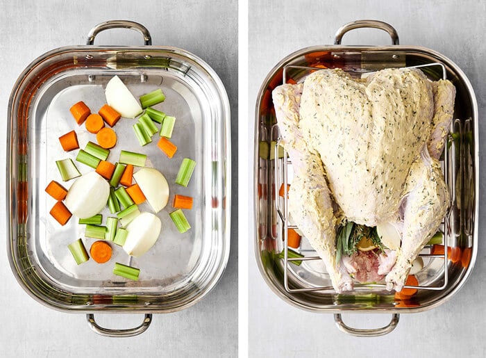 Placing the turkey on a bed of vegetables.