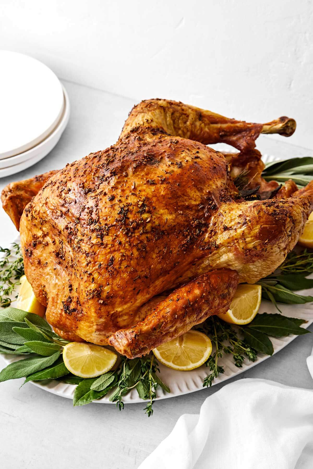 Roast turkey on a serving platter.