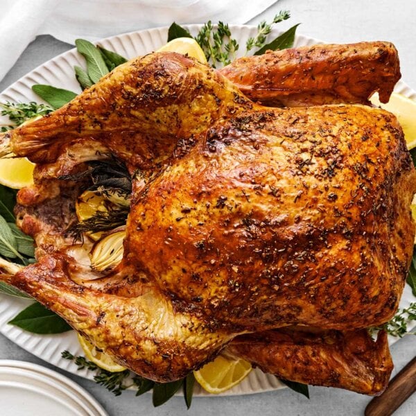 Cooked Thanksgiving turkey on a serving platter.