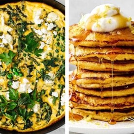 High-protein breakfast idea featuring a vegetable frittata and protein pancakes.