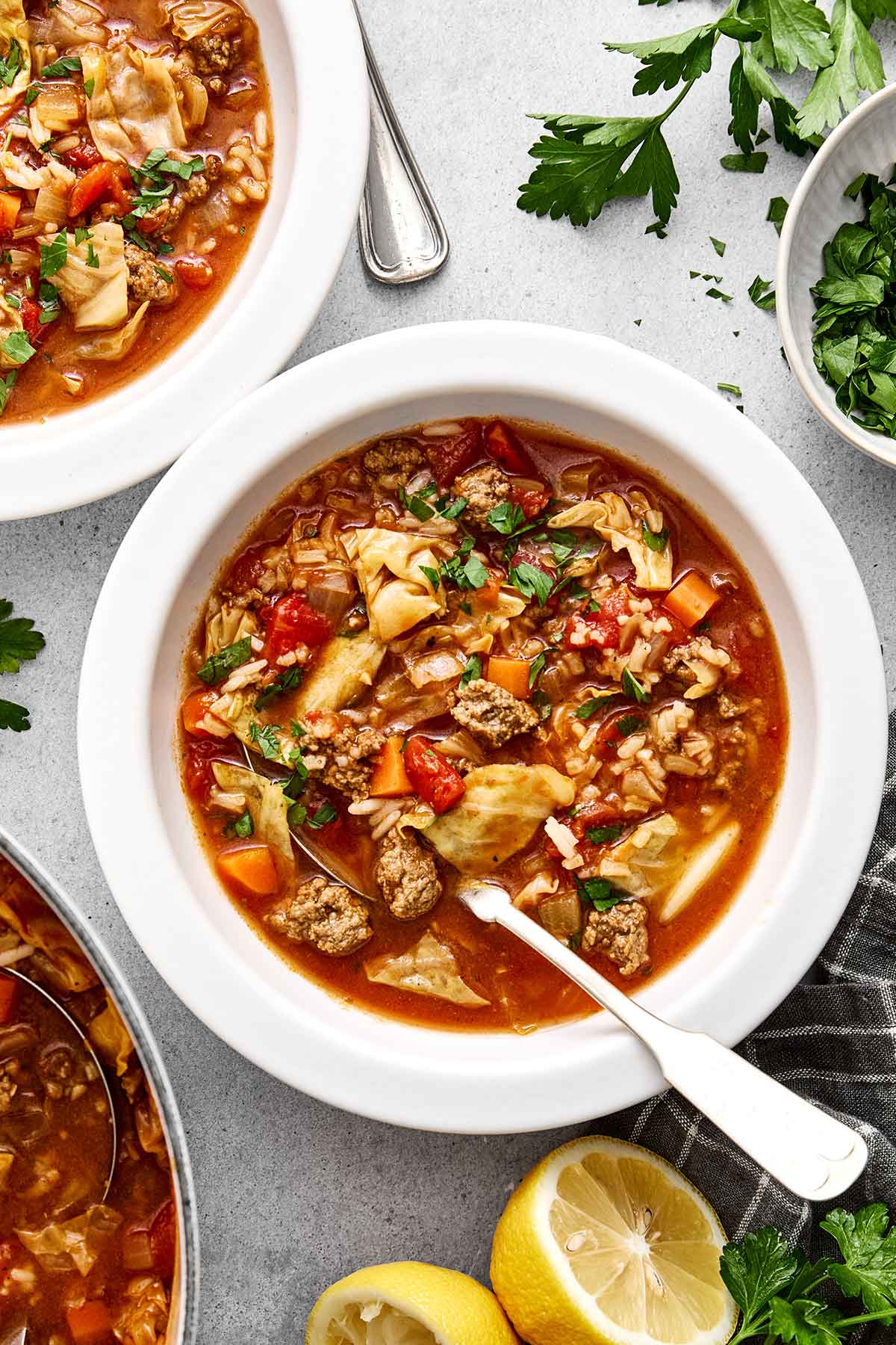 Cabbage roll soup in bowls.