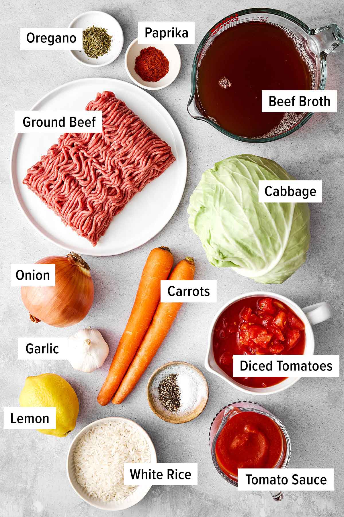 Ingredients for cabbage roll soup.