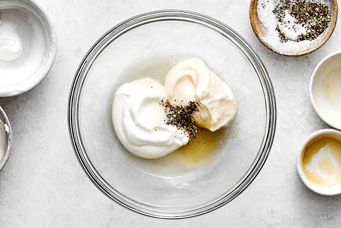 Step two of pea salad: make dressing.