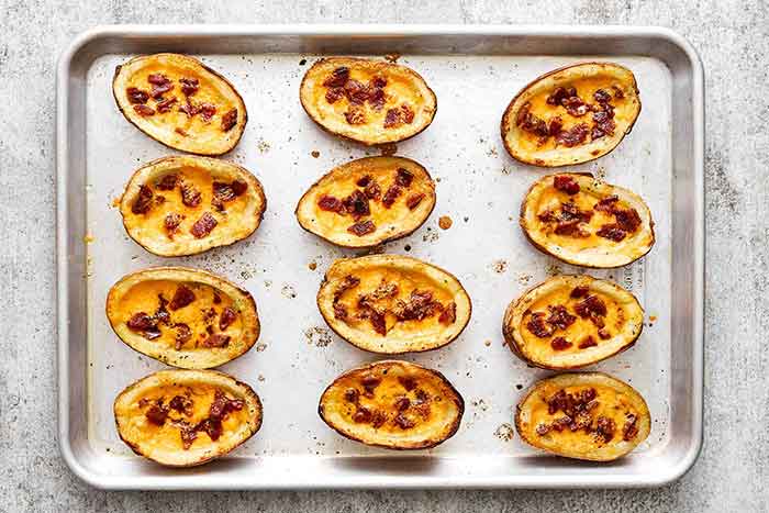 Step five of potato skins: Bake the potato skins.