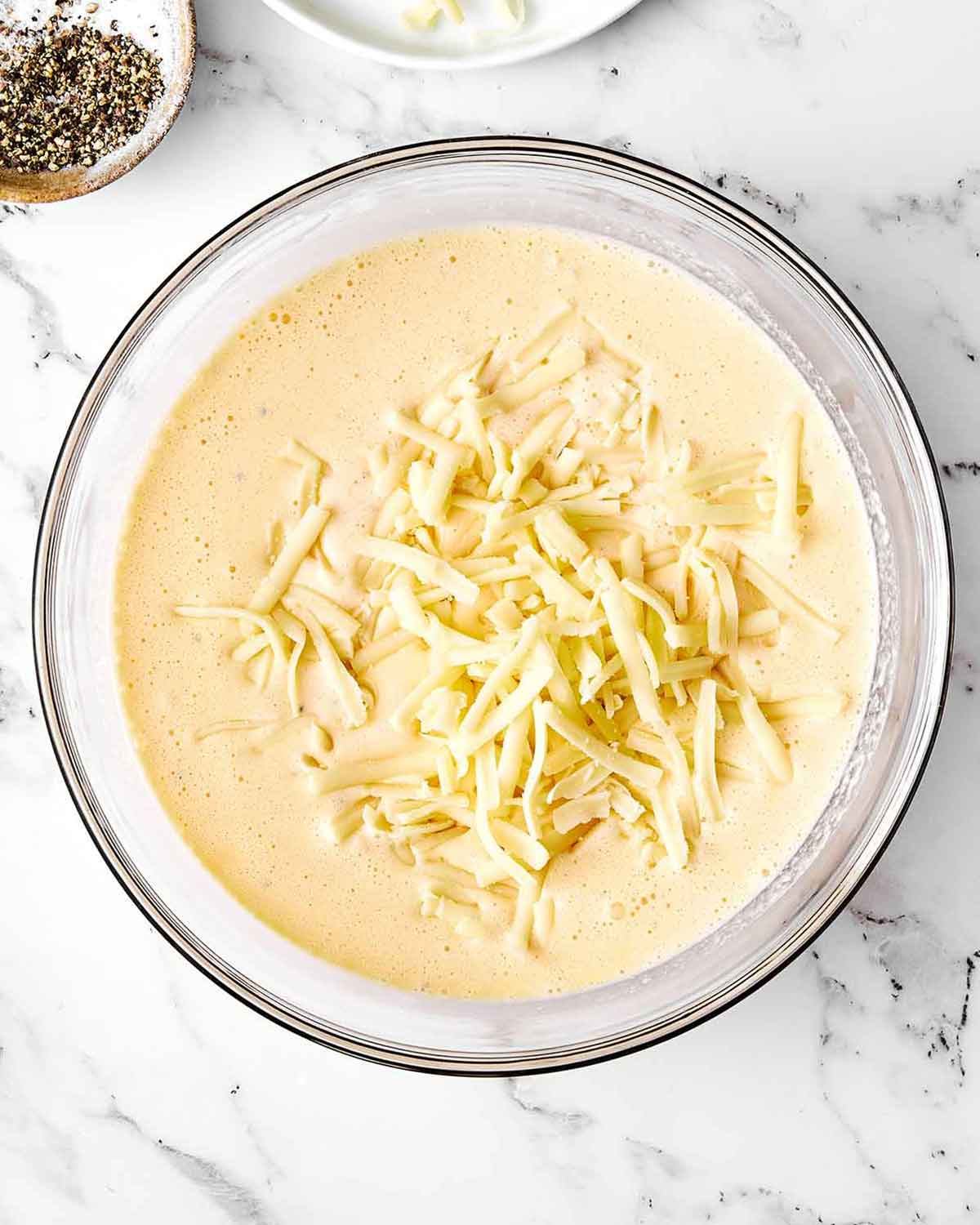 Step three of crustless quiche: make the egg mixture.