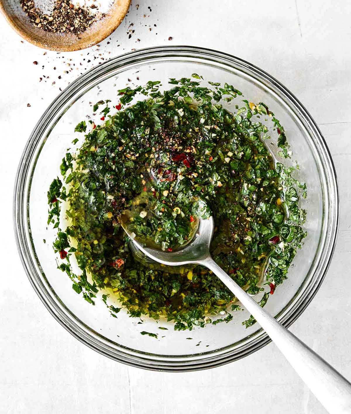 Step four of lamb meatballs: make chimichurri.