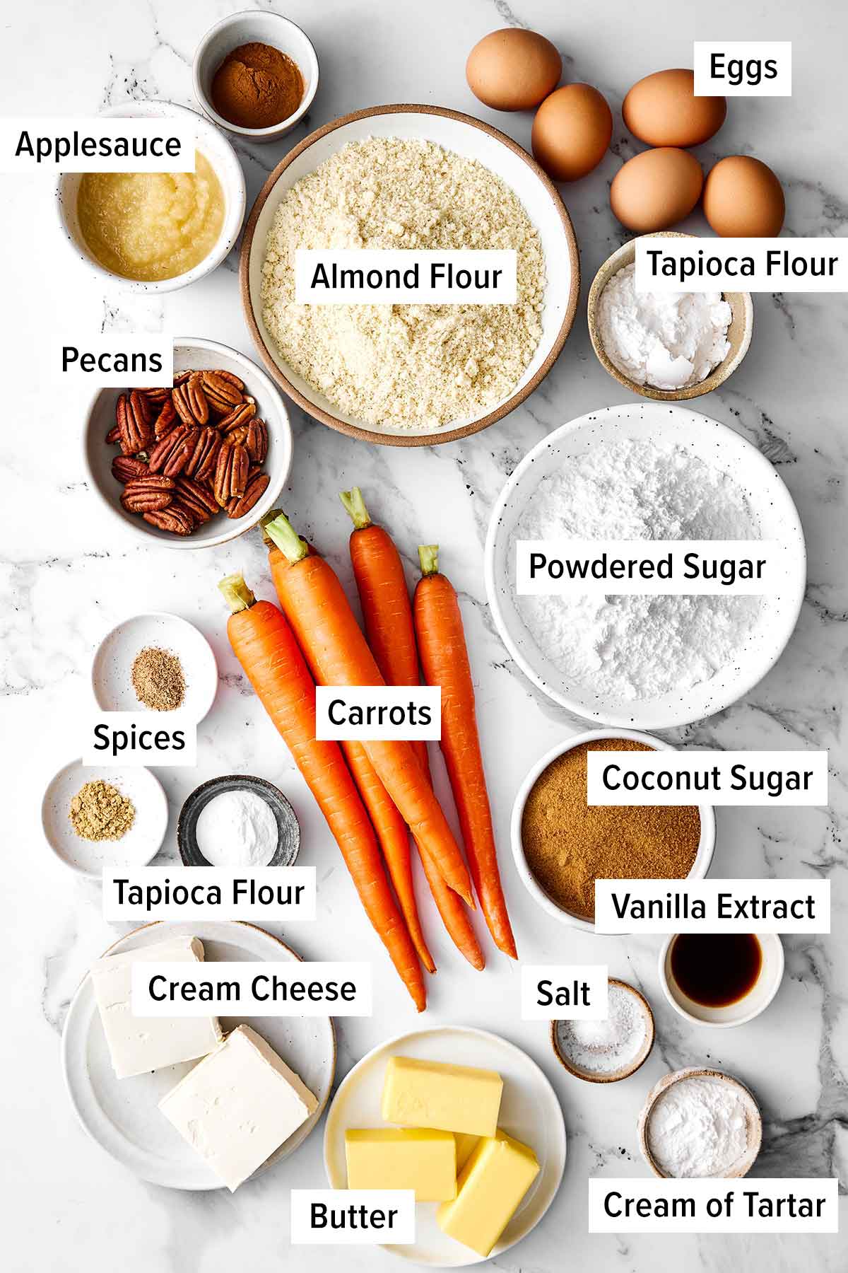 Gluten-free carrot cake ingredients.