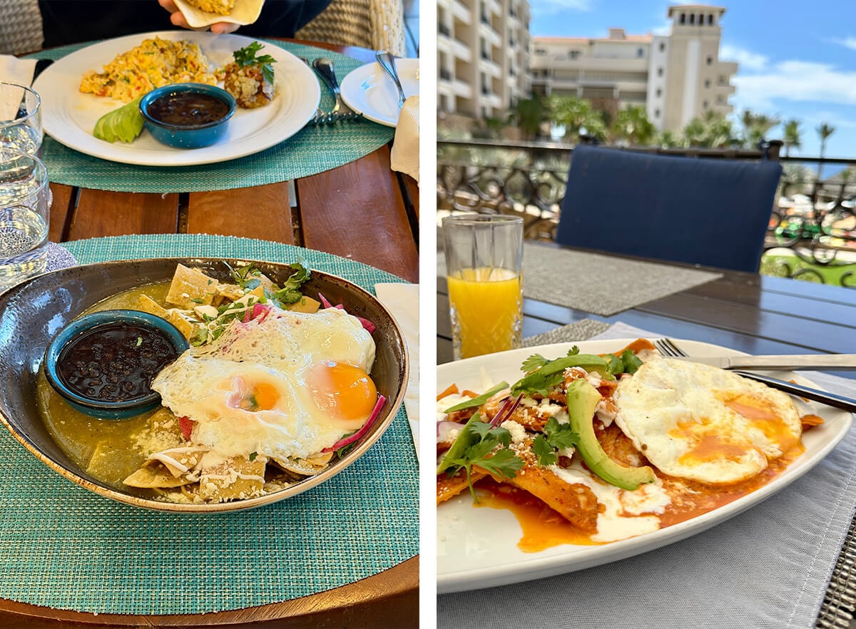 Two photos with plates of chilaquiles in Mexico.