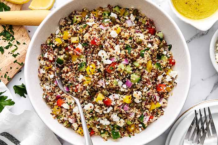 Mediterranean quinoa salad in a bowl.