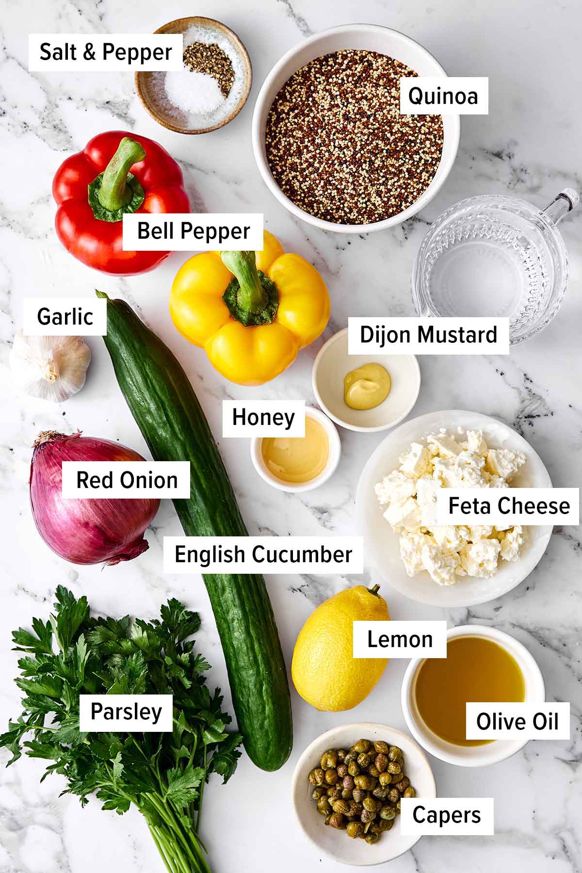 This is the Mediterranean quinoa salad I always make! It hits the perfect balance of fresh, briny, and satisfying...and it hold up well. Ingredients for Mediterranean quinoa salad.