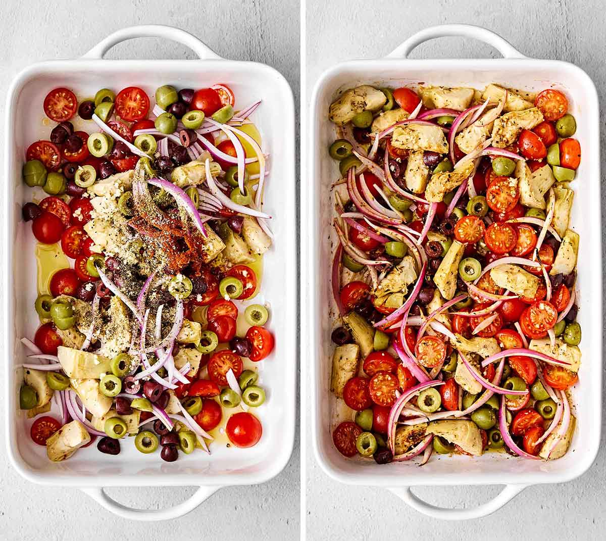 This Greek baked cod is the perfect all-in-one Mediterranean dinner! It's healthy, easy, and delicious! Roasting vegetables in a pan for Greek baked cod.