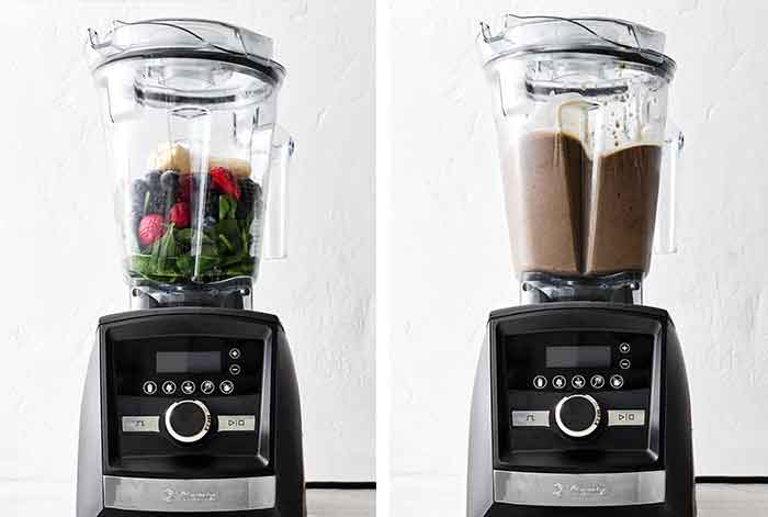 Blending brown smoothie in a Vitamix blender.