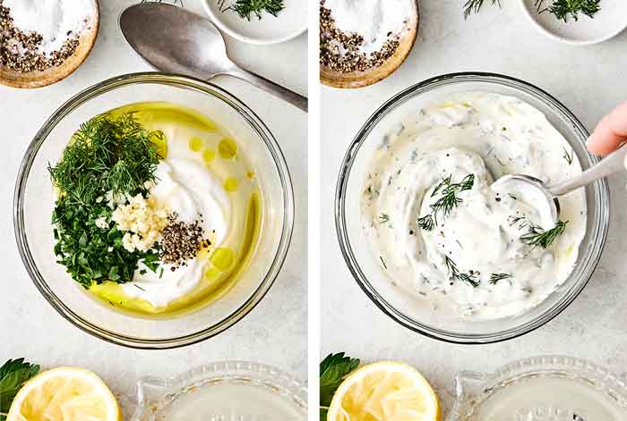 Mixing lemon dill yogurt sauce.