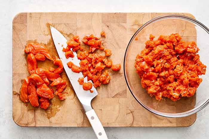 Fresh chopped salmon for salmon burgers.