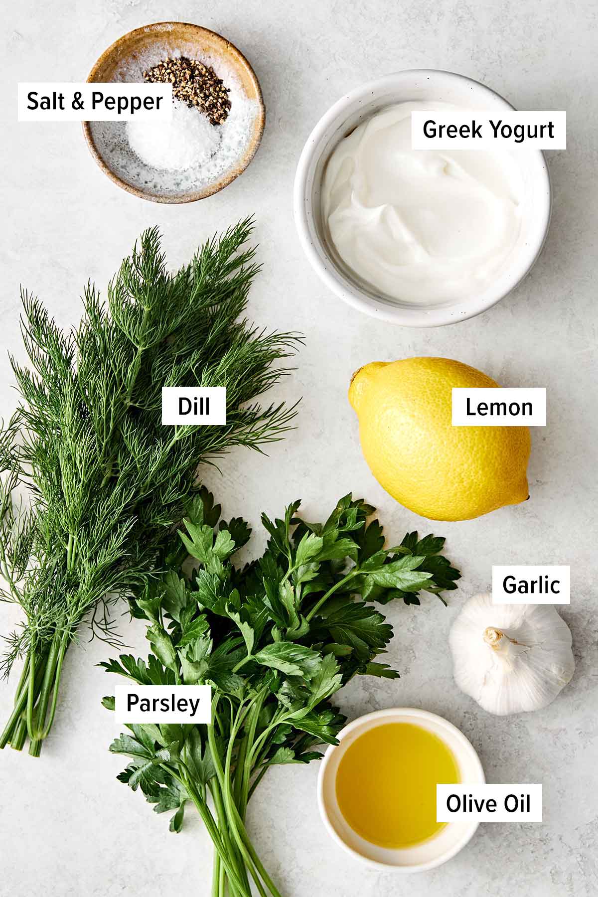 Ingredients for lemon dill yogurt sauce.