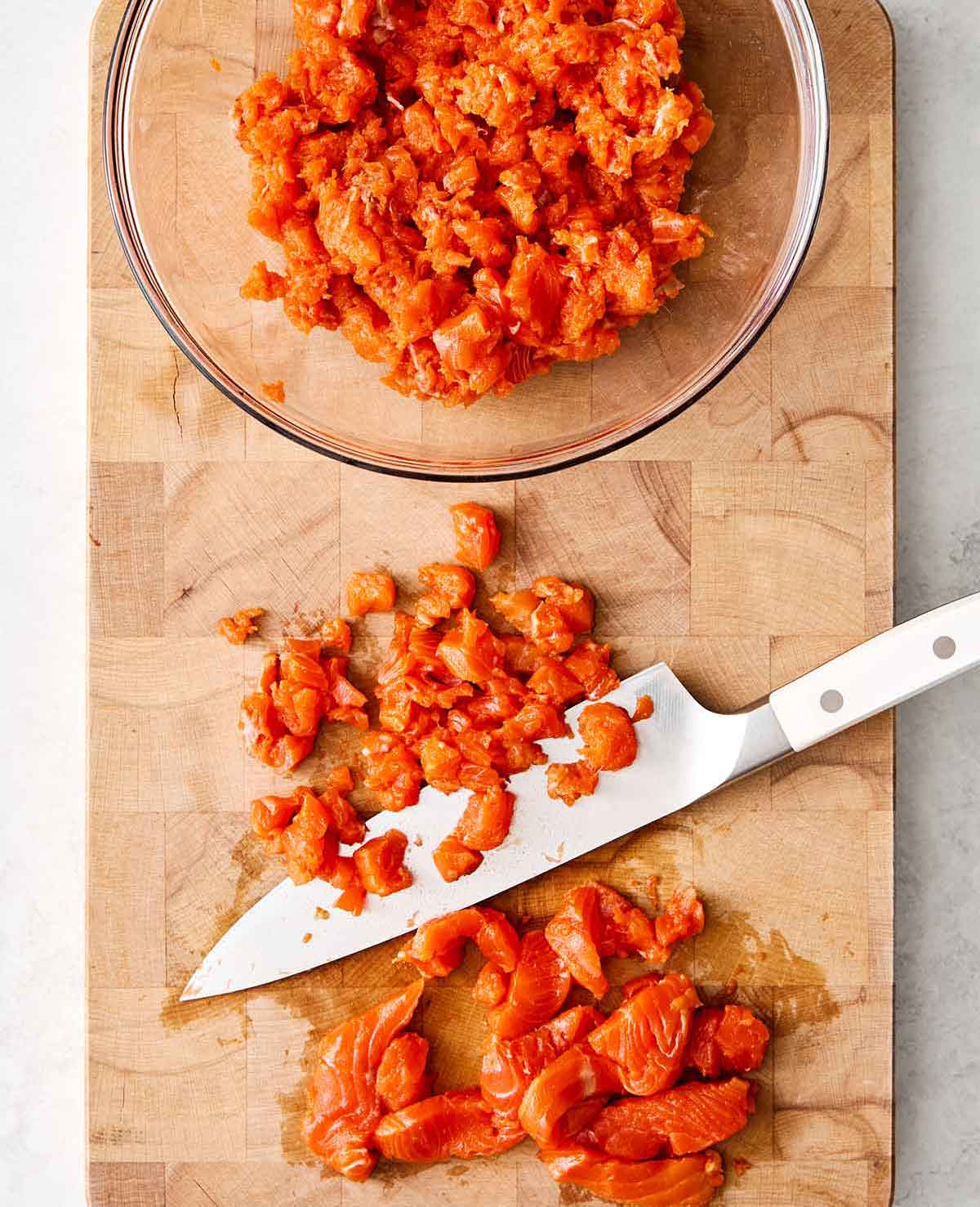 Fresh chopped salmon for salmon burgers.